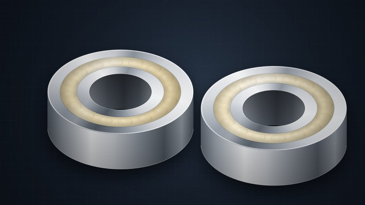 A Standard and a Food Grade 6203 solid oil bearing side by side, the same 17 by 40 by 12 mm size as a sealed or shielded 6203