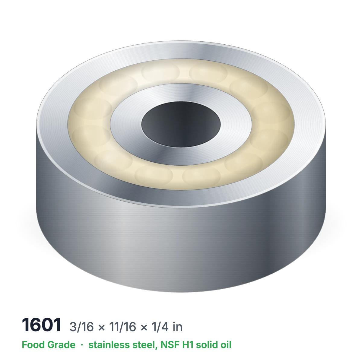 1601 food grade solid oil ball bearing, 3/16 × 11/16 × 1/4 in, stainless steel with NSF H1 solid oil