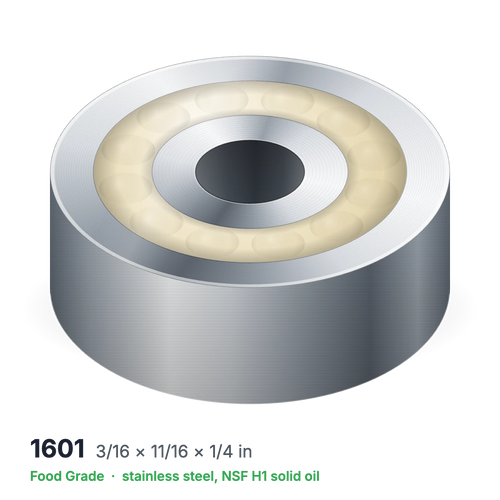 1601 food grade solid oil ball bearing, 3/16 × 11/16 × 1/4 in, stainless steel with NSF H1 solid oil