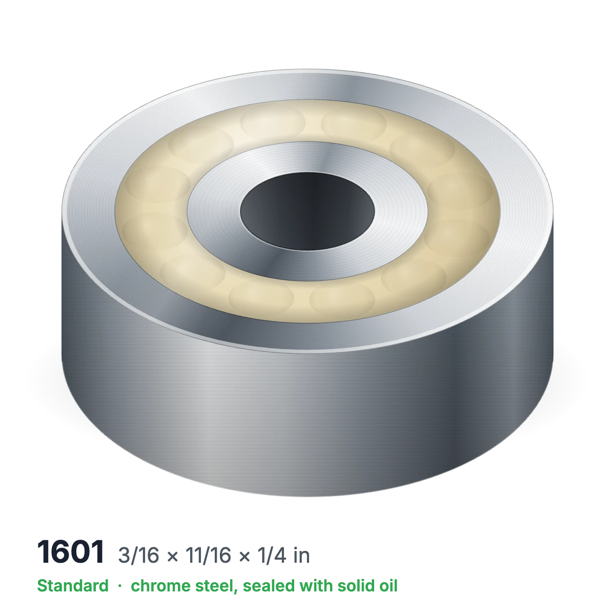 1601 solid oil ball bearing, 3/16 × 11/16 × 1/4 in, chrome steel, sealed with solid oil