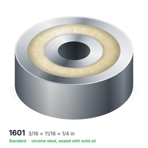 1601 solid oil ball bearing, 3/16 × 11/16 × 1/4 in, chrome steel, sealed with solid oil