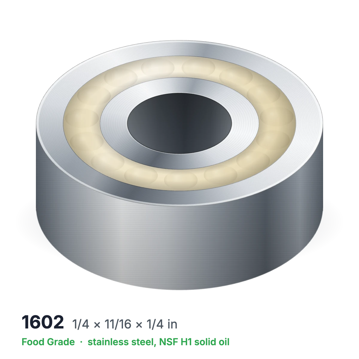 1602 food grade solid oil ball bearing, 1/4 × 11/16 × 1/4 in, stainless steel with NSF H1 solid oil