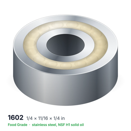 1602 food grade solid oil ball bearing, 1/4 × 11/16 × 1/4 in, stainless steel with NSF H1 solid oil