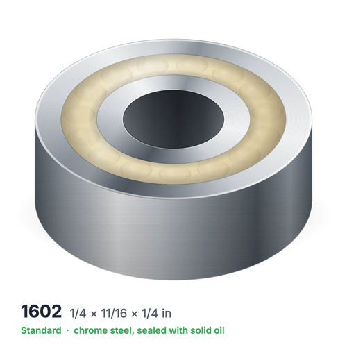 1602 solid oil ball bearing, 1/4 × 11/16 × 1/4 in, chrome steel, sealed with solid oil