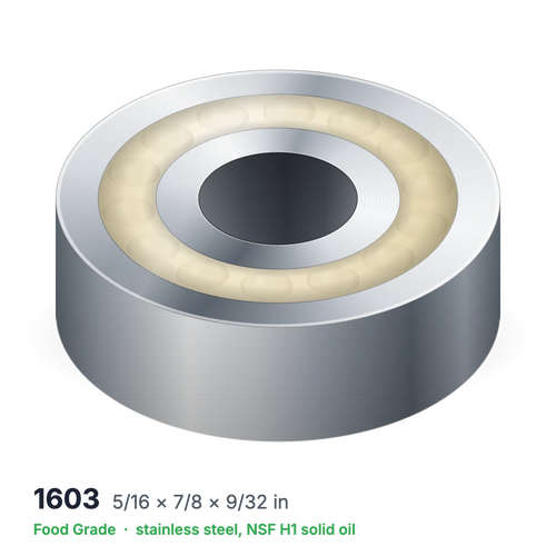 1603 food grade solid oil ball bearing, 5/16 × 7/8 × 9/32 in, stainless steel with NSF H1 solid oil