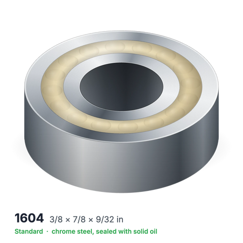 1604 solid oil ball bearing, 3/8 × 7/8 × 9/32 in, chrome steel, sealed with solid oil