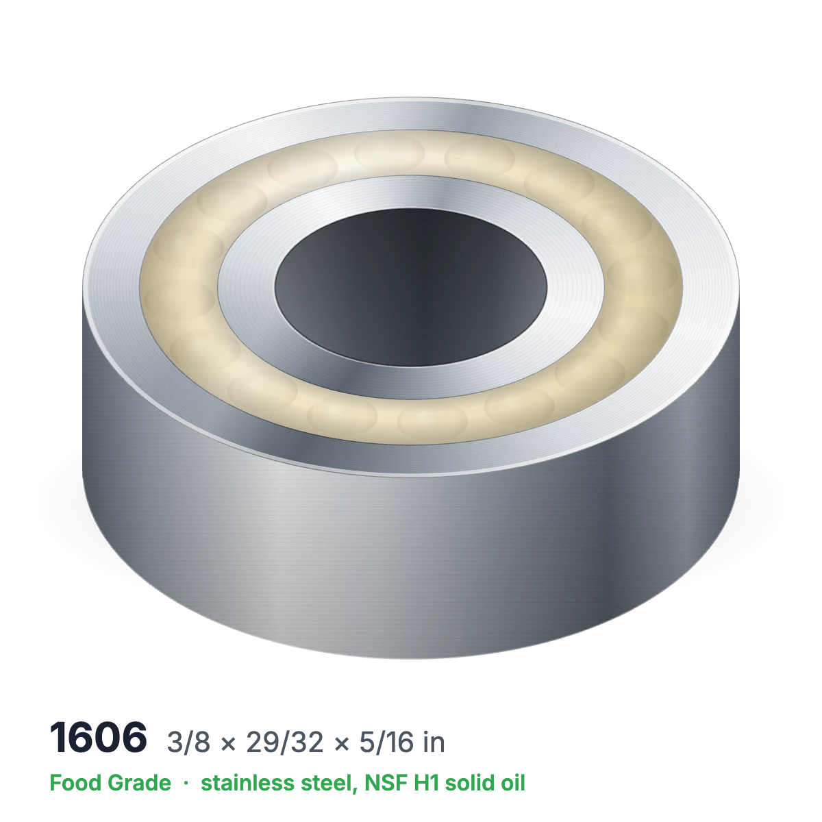 1606 food grade solid oil ball bearing, 3/8 × 29/32 × 5/16 in, stainless steel with NSF H1 solid oil