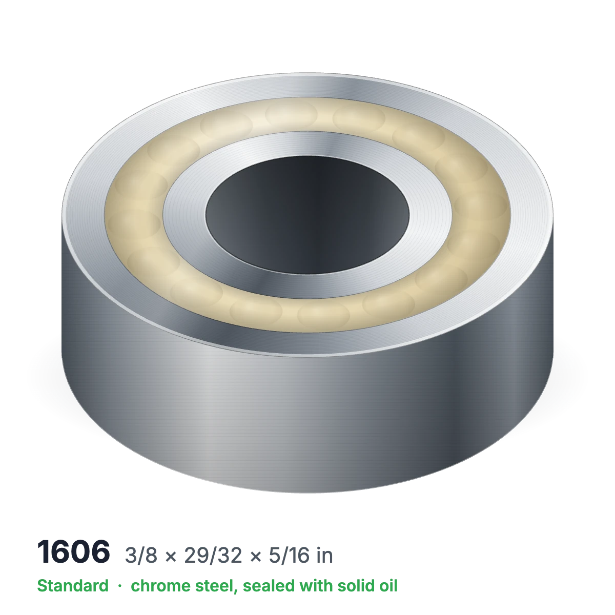 1606 solid oil ball bearing, 3/8 × 29/32 × 5/16 in, chrome steel, sealed with solid oil
