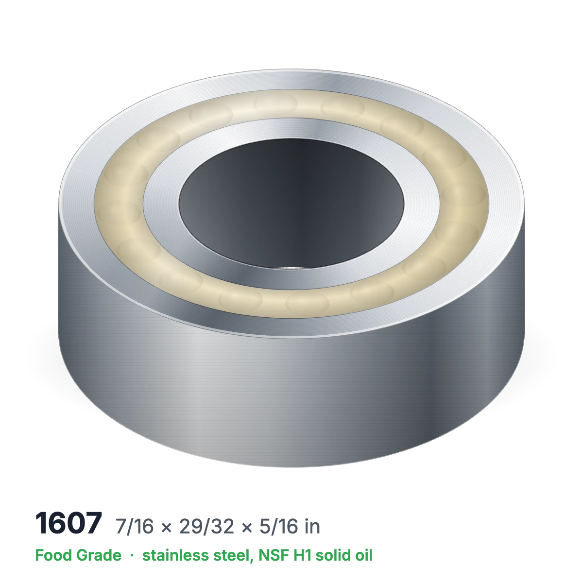 1607 food grade solid oil ball bearing, 7/16 × 29/32 × 5/16 in, stainless steel with NSF H1 solid oil