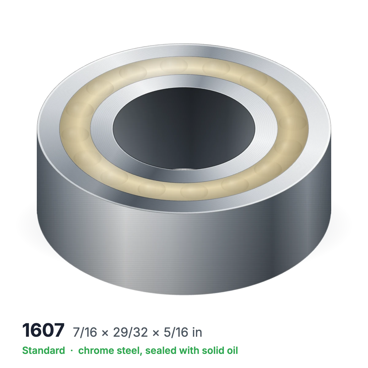 1607 solid oil ball bearing, 7/16 × 29/32 × 5/16 in, chrome steel, sealed with solid oil
