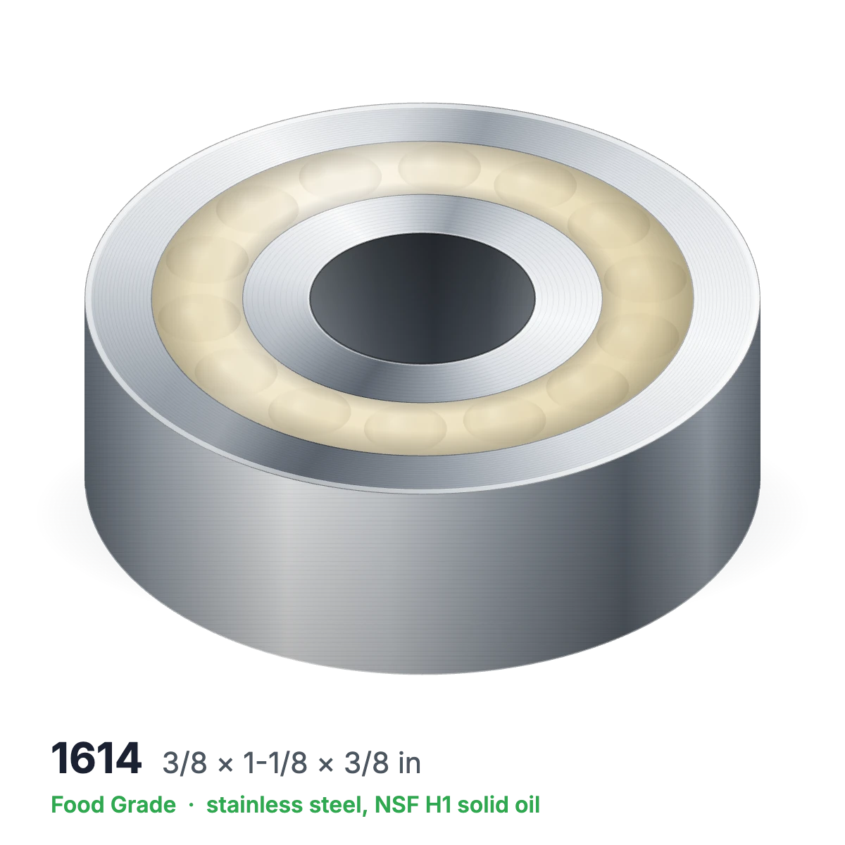 1614 food grade solid oil ball bearing, 3/8 × 1-1/8 × 3/8 in, stainless steel with NSF H1 solid oil