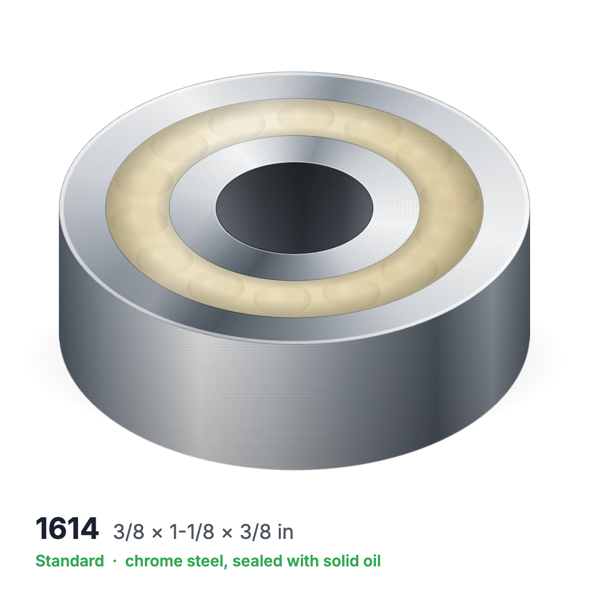 1614 solid oil ball bearing, 3/8 × 1-1/8 × 3/8 in, chrome steel, sealed with solid oil