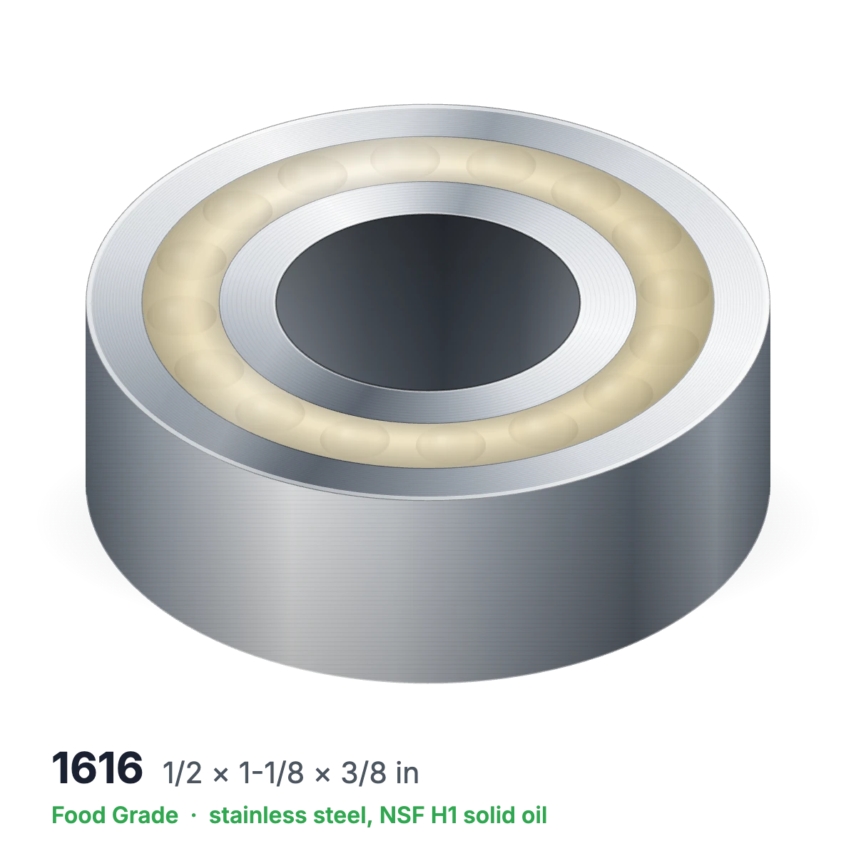 1616 food grade solid oil ball bearing, 1/2 × 1-1/8 × 3/8 in, stainless steel with NSF H1 solid oil