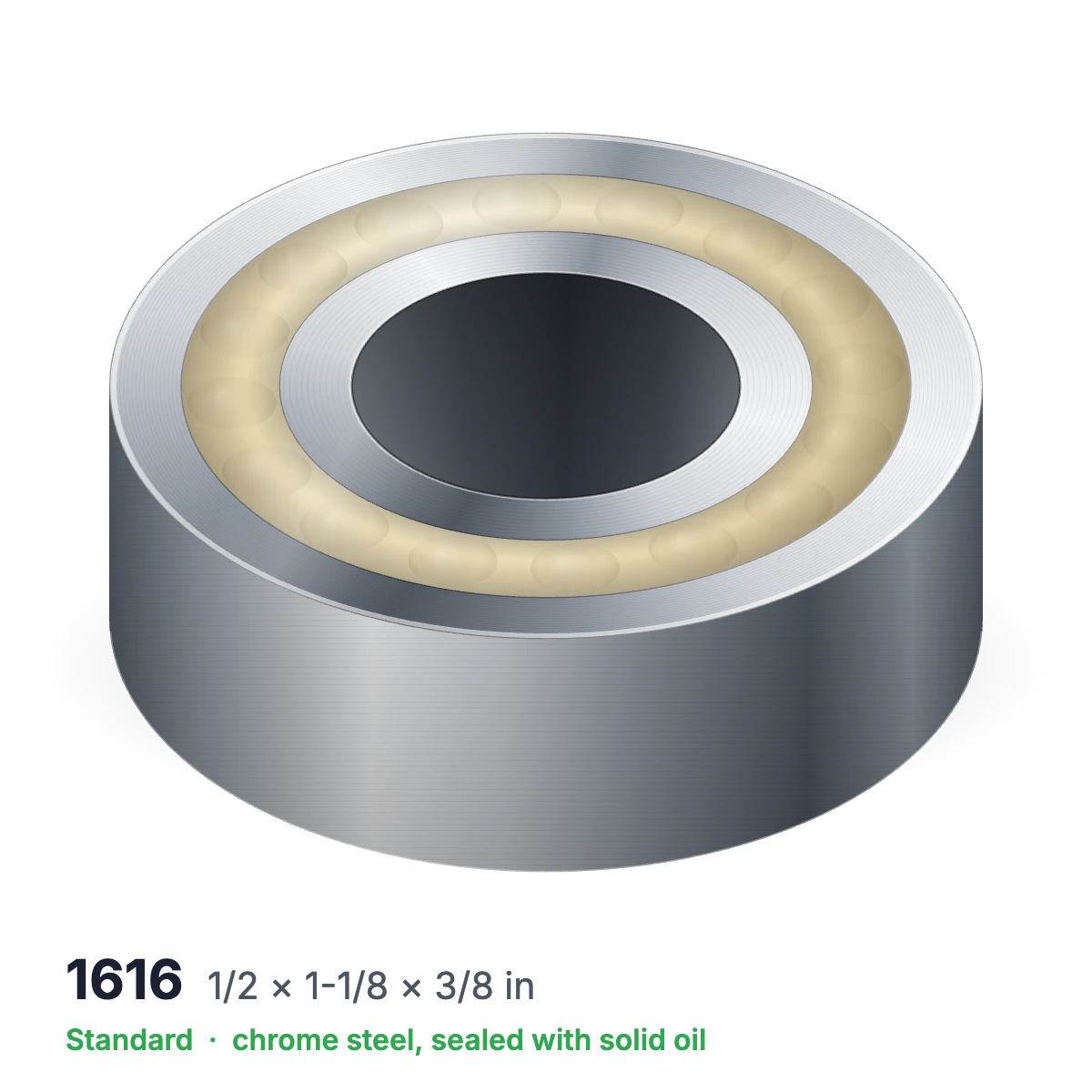 1616 solid oil ball bearing, 1/2 × 1-1/8 × 3/8 in, chrome steel, sealed with solid oil