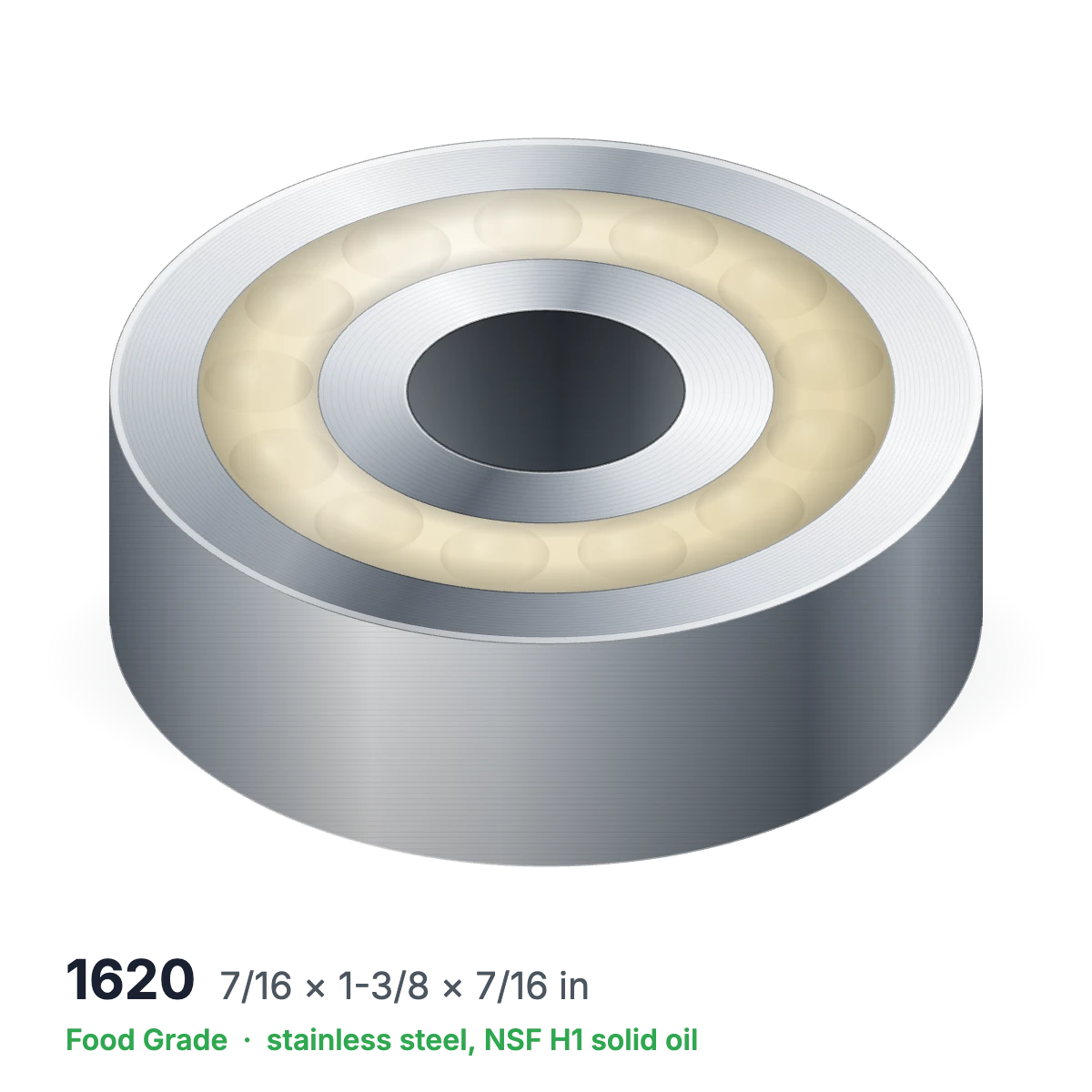1620 food grade solid oil ball bearing, 7/16 × 1-3/8 × 7/16 in, stainless steel with NSF H1 solid oil