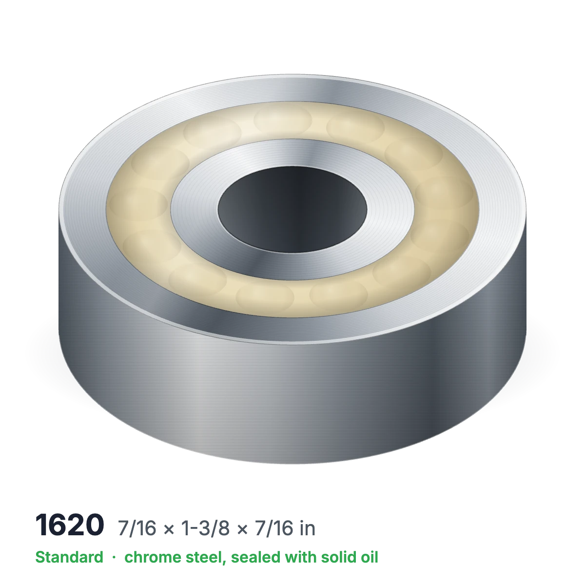 1620 solid oil ball bearing, 7/16 × 1-3/8 × 7/16 in, chrome steel, sealed with solid oil