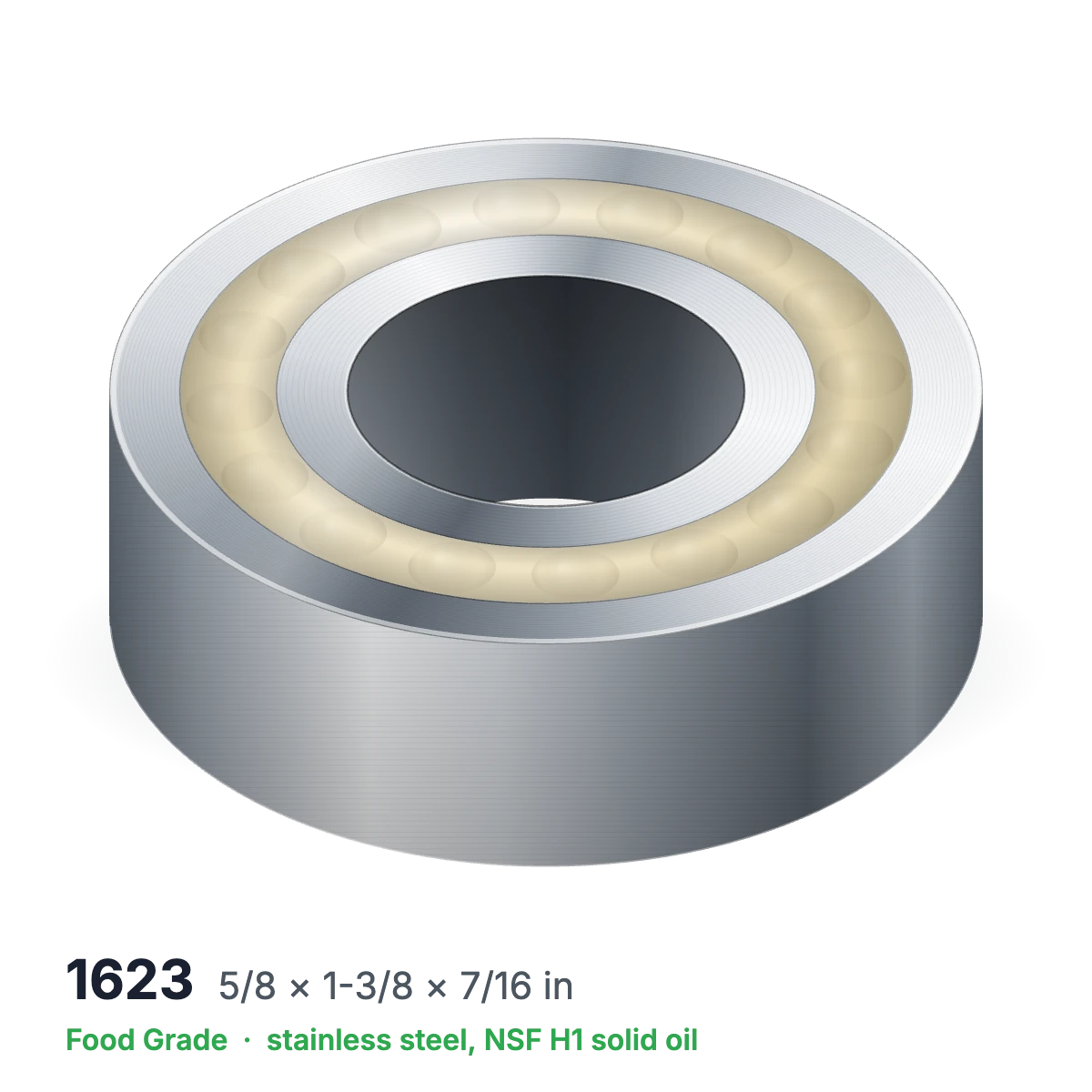 1623 food grade solid oil ball bearing, 5/8 × 1-3/8 × 7/16 in, stainless steel with NSF H1 solid oil