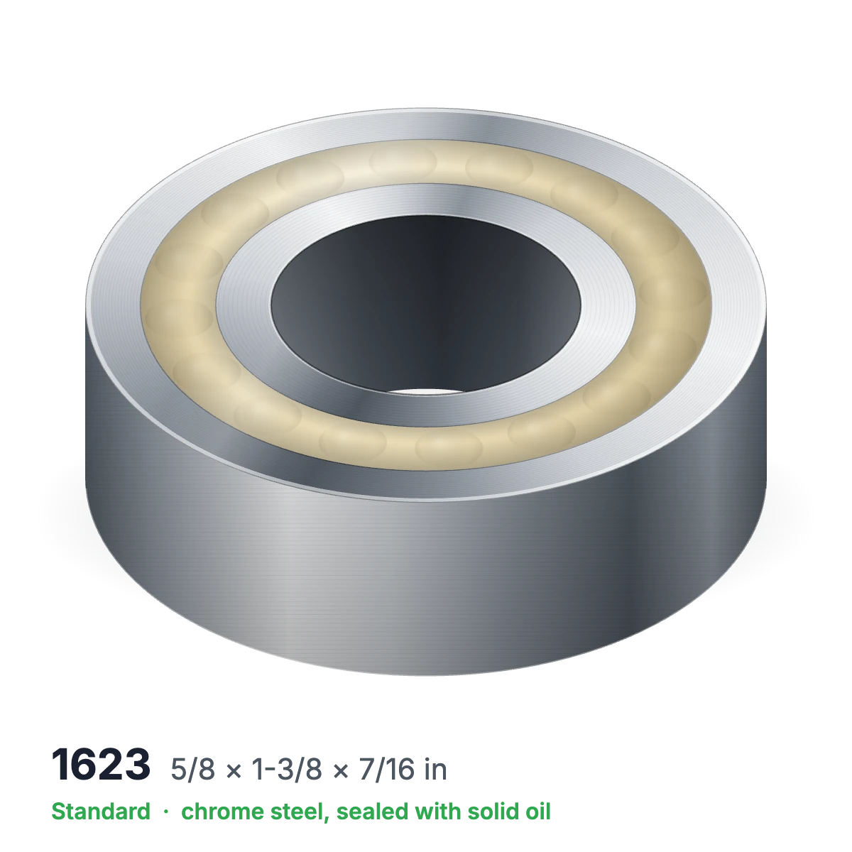 1623 solid oil ball bearing, 5/8 × 1-3/8 × 7/16 in, chrome steel, sealed with solid oil