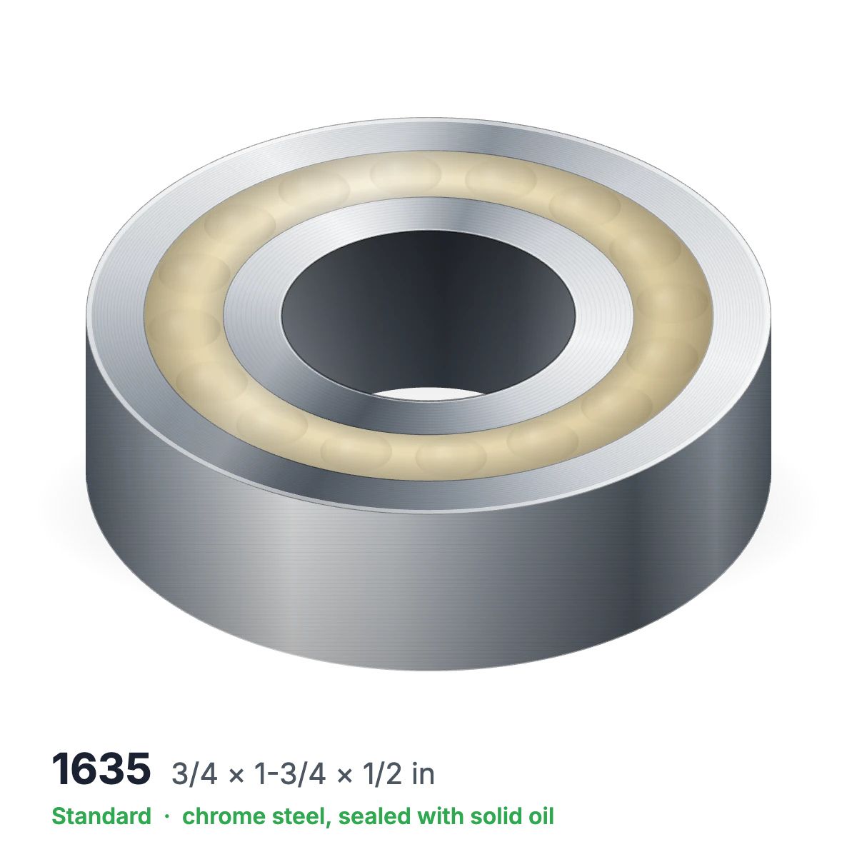 1635 solid oil ball bearing, 3/4 × 1-3/4 × 1/2 in, chrome steel, sealed with solid oil
