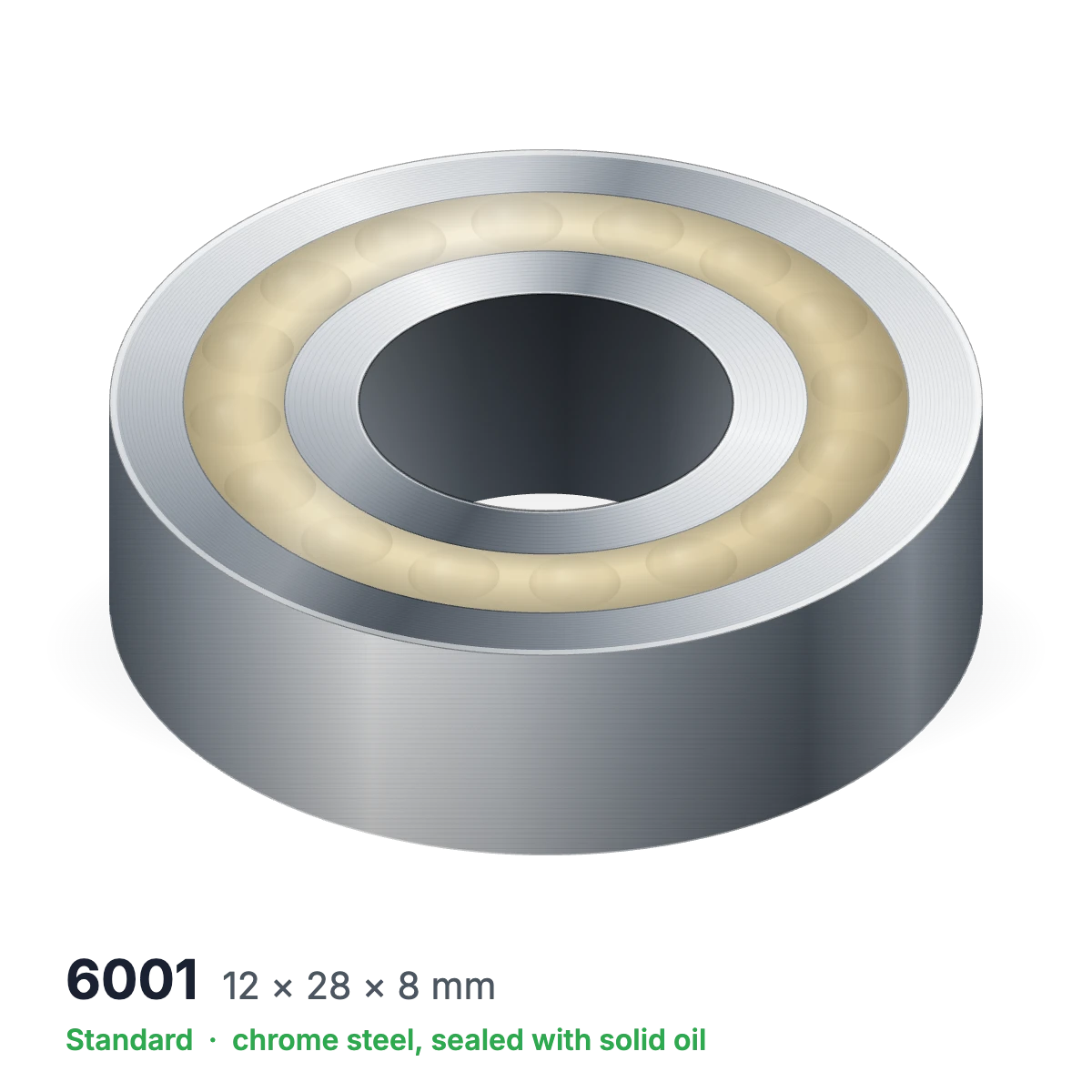 6001 solid oil ball bearing, 12 × 28 × 8 mm, chrome steel, sealed with solid oil