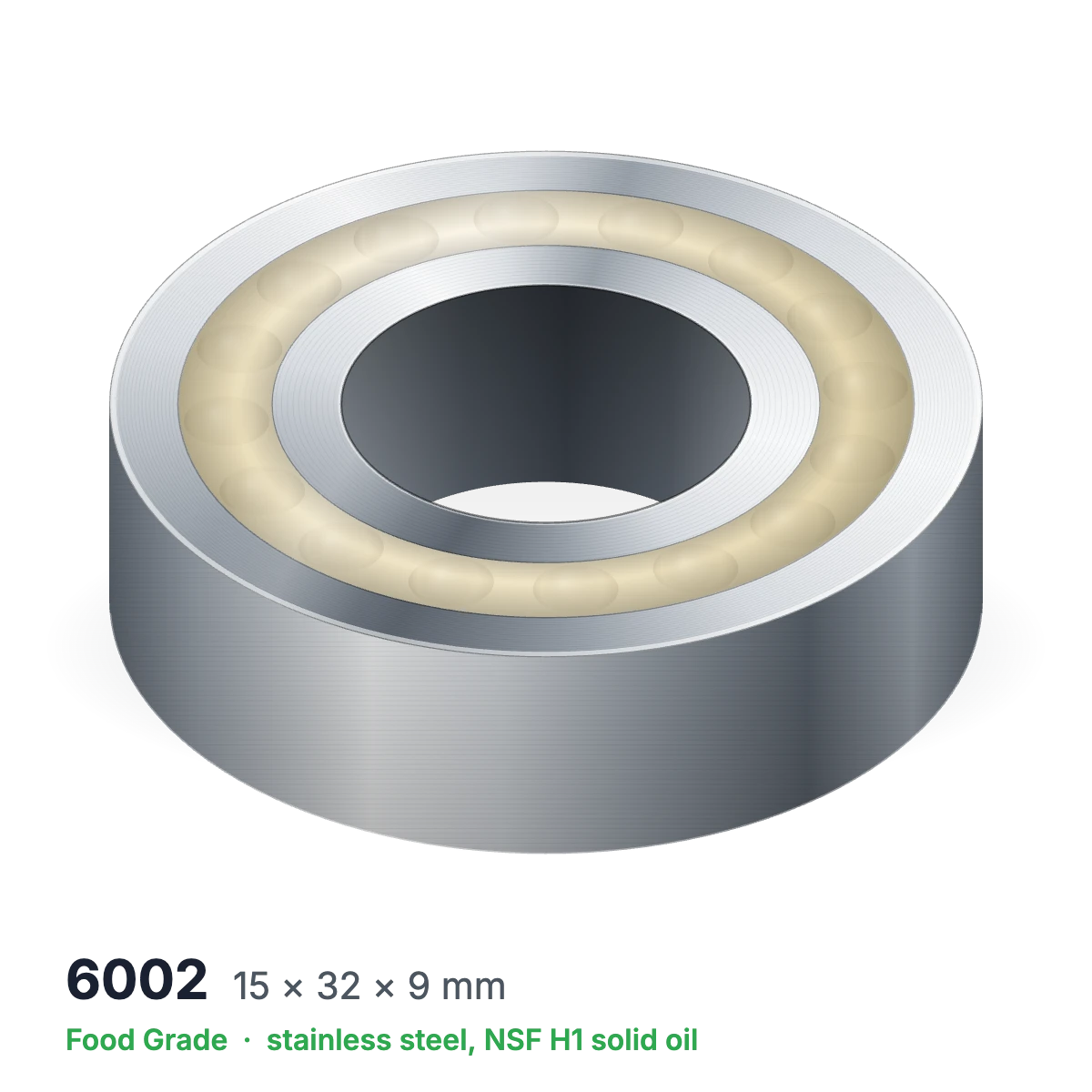 6002 food grade solid oil ball bearing, 15 × 32 × 9 mm, stainless steel with NSF H1 solid oil