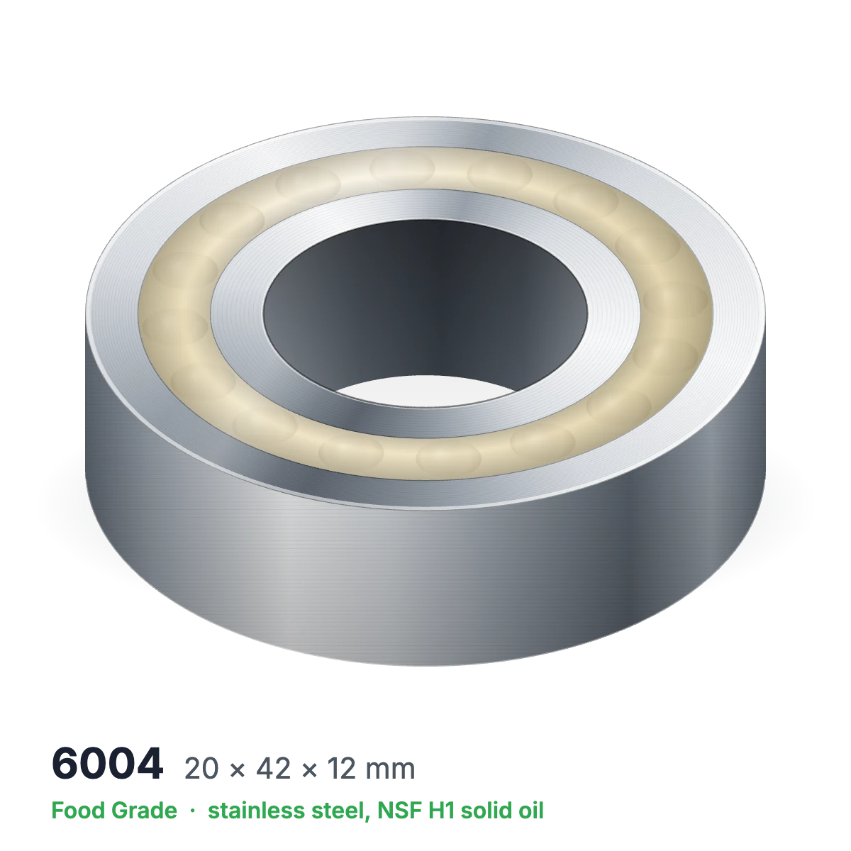 6004 food grade solid oil ball bearing, 20 × 42 × 12 mm, stainless steel with NSF H1 solid oil
