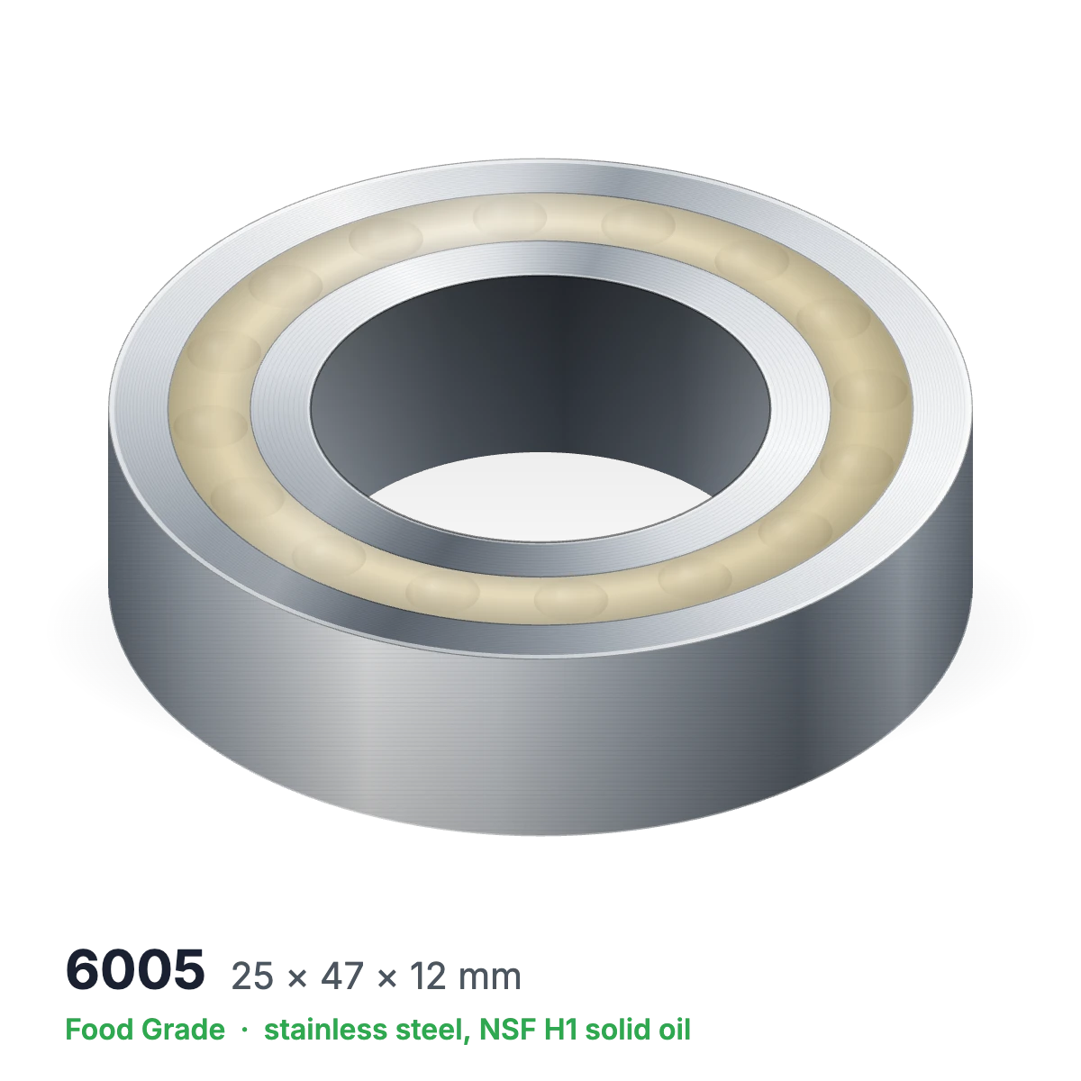 6005 food grade solid oil ball bearing, 25 × 47 × 12 mm, stainless steel with NSF H1 solid oil