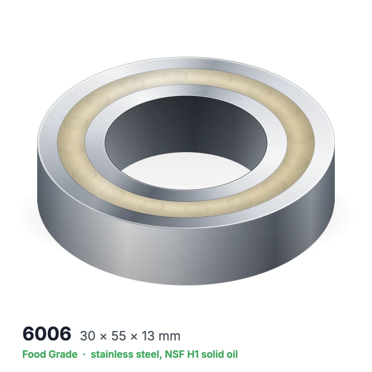 6006 food grade solid oil ball bearing, 30 × 55 × 13 mm, stainless steel with NSF H1 solid oil