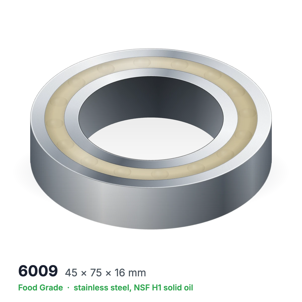 6009 food grade solid oil ball bearing, 45 × 75 × 16 mm, stainless steel with NSF H1 solid oil