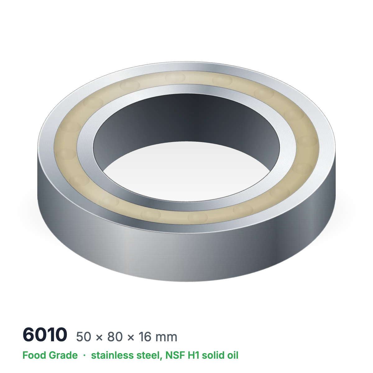 6010 food grade solid oil ball bearing, 50 × 80 × 16 mm, stainless steel with NSF H1 solid oil