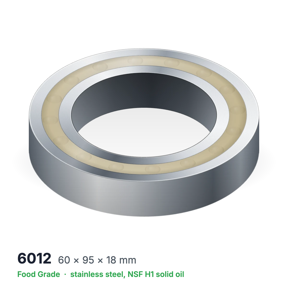 6012 food grade solid oil ball bearing, 60 × 95 × 18 mm, stainless steel with NSF H1 solid oil