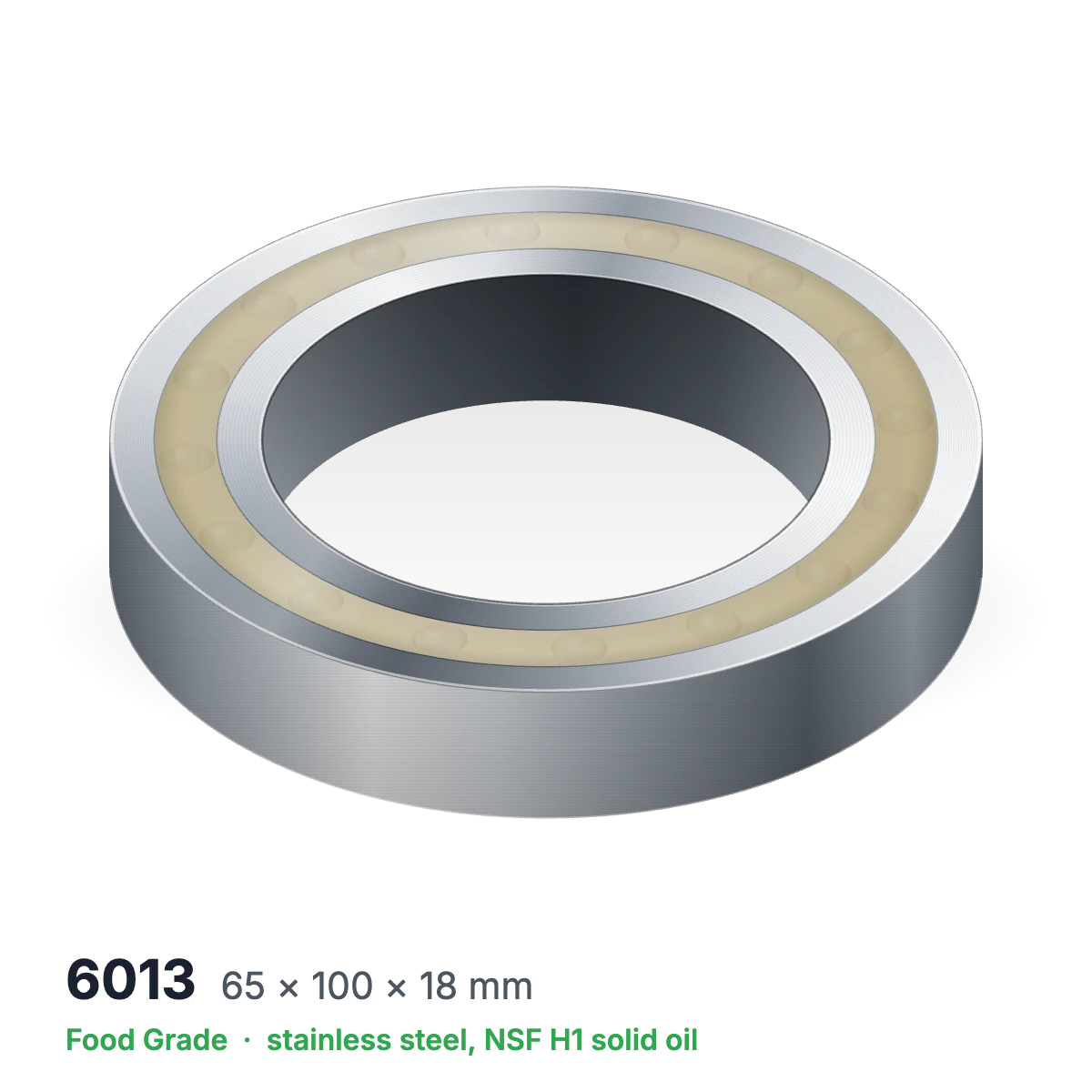 6013 food grade solid oil ball bearing, 65 × 100 × 18 mm, stainless steel with NSF H1 solid oil