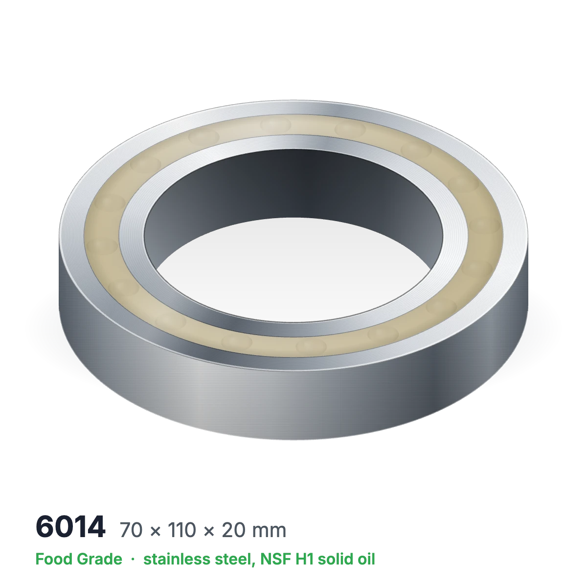 6014 food grade solid oil ball bearing, 70 × 110 × 20 mm, stainless steel with NSF H1 solid oil