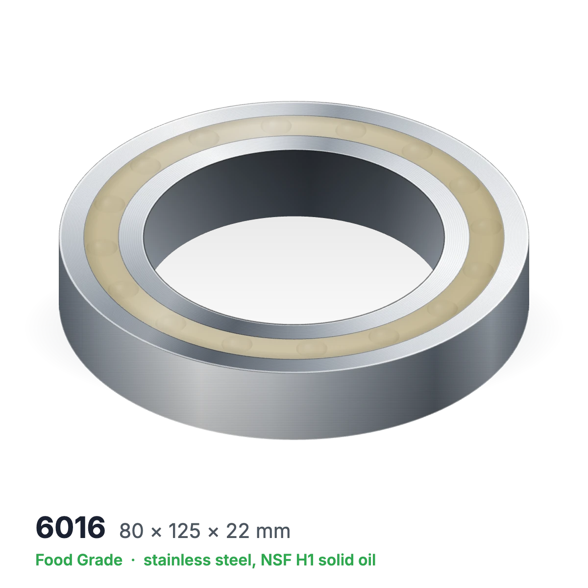 6016 food grade solid oil ball bearing, 80 × 125 × 22 mm, stainless steel with NSF H1 solid oil