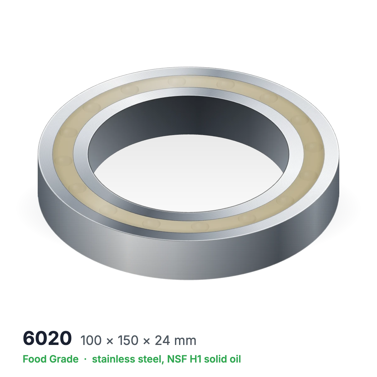 6020 food grade solid oil ball bearing, 100 × 150 × 24 mm, stainless steel with NSF H1 solid oil