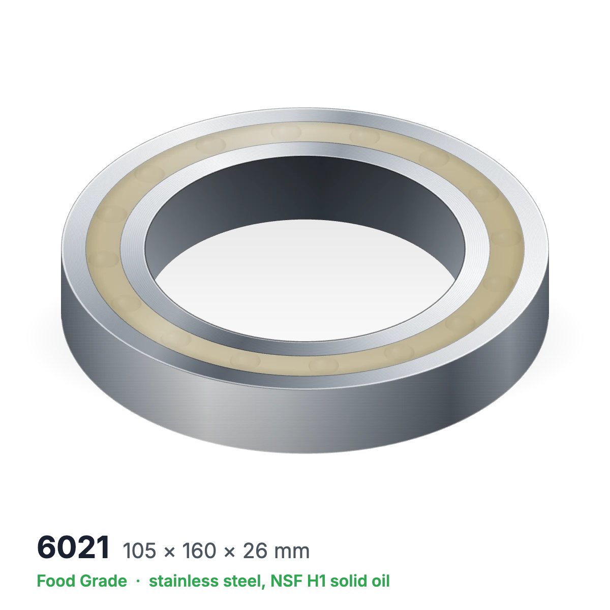 6021 food grade solid oil ball bearing, 105 × 160 × 26 mm, stainless steel with NSF H1 solid oil