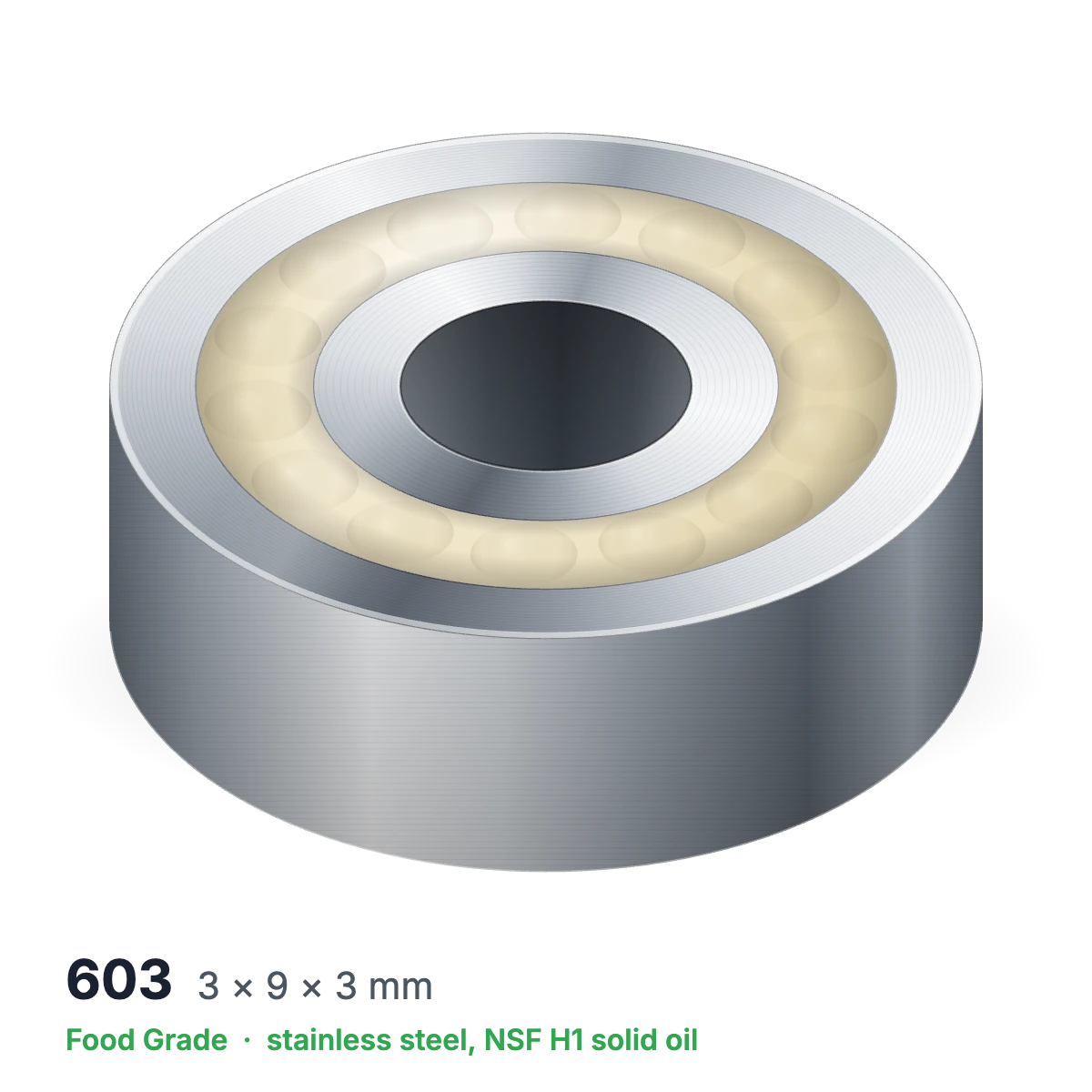 603 food grade solid oil ball bearing, 3 × 9 × 3 mm, stainless steel with NSF H1 solid oil