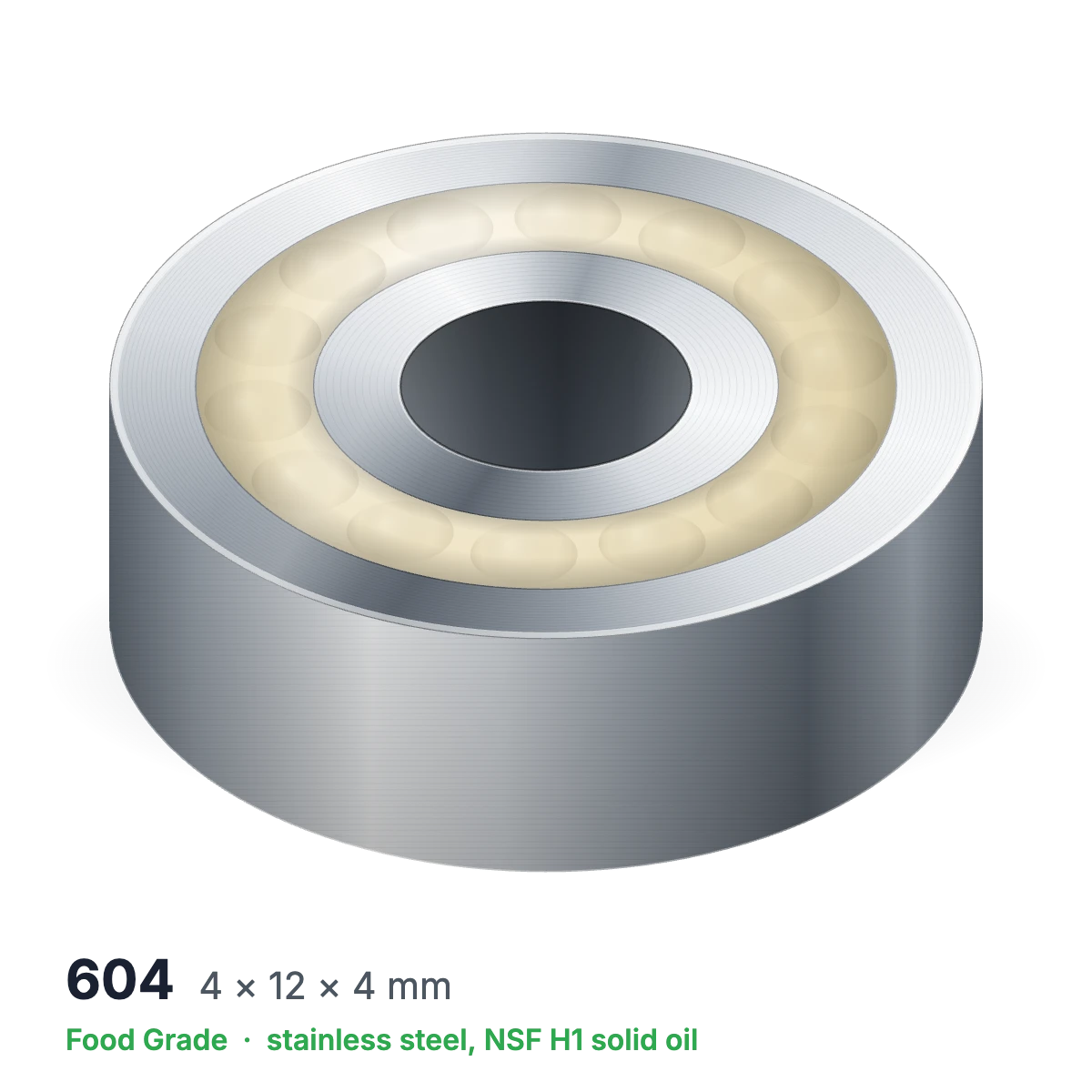 604 food grade solid oil ball bearing, 4 × 12 × 4 mm, stainless steel with NSF H1 solid oil