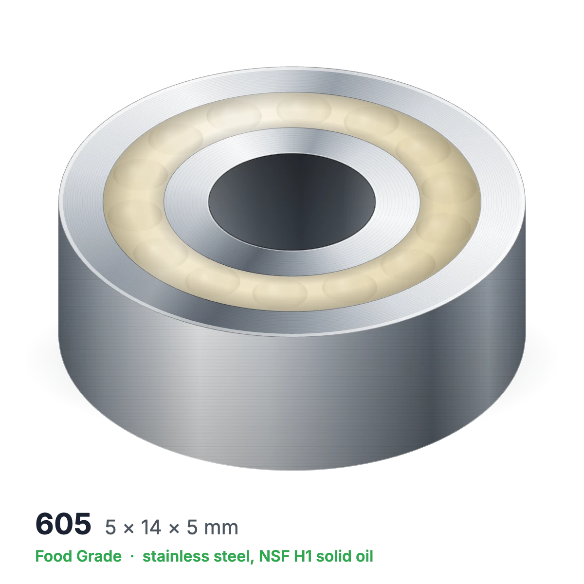 605 food grade solid oil ball bearing, 5 × 14 × 5 mm, stainless steel with NSF H1 solid oil