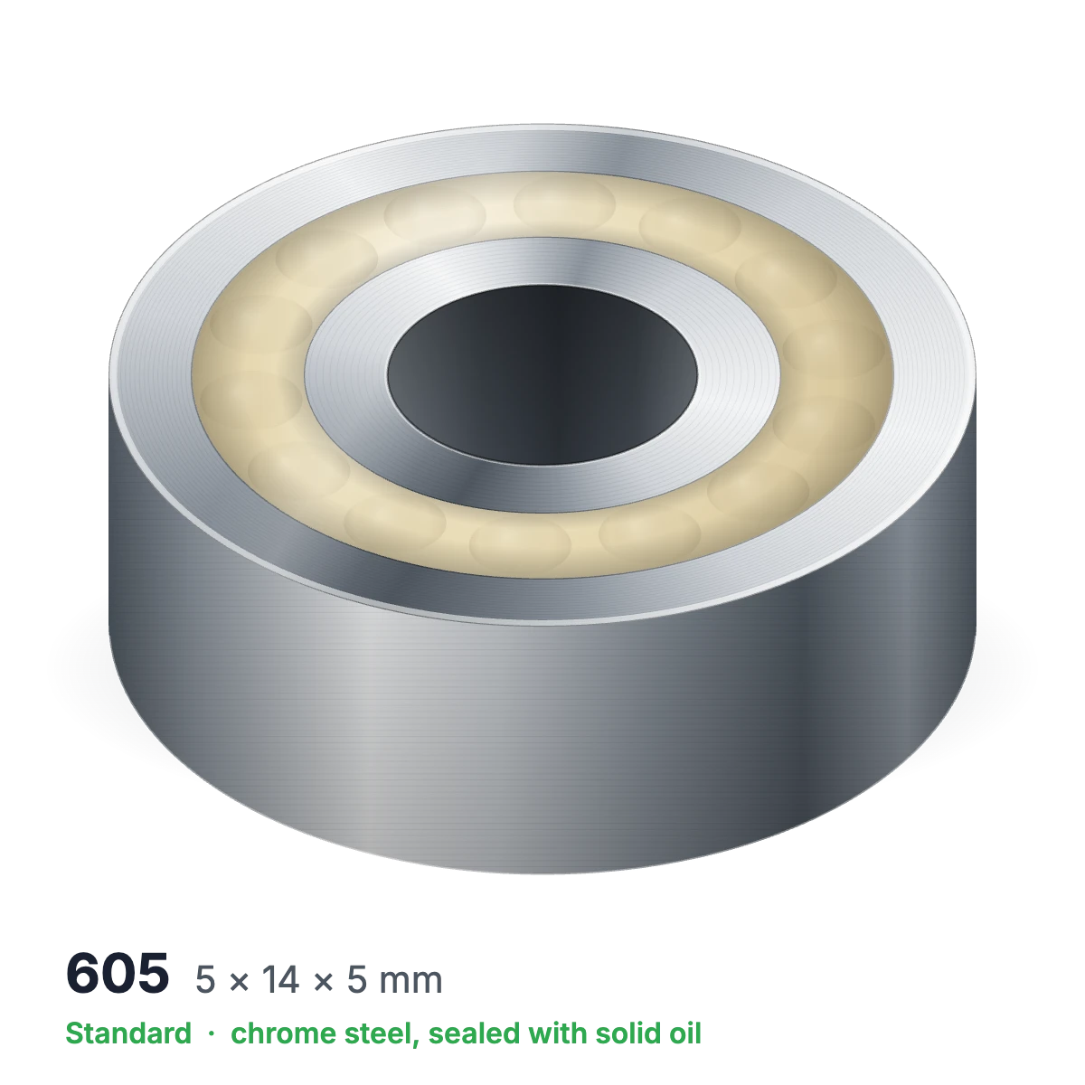 605 solid oil ball bearing, 5 × 14 × 5 mm, chrome steel, sealed with solid oil