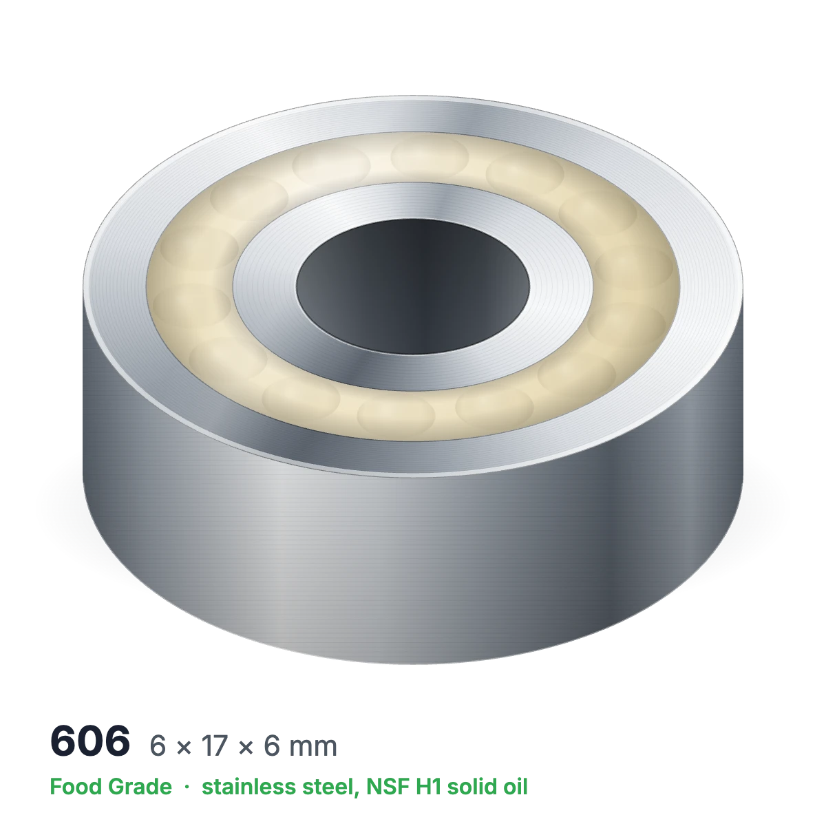 606 food grade solid oil ball bearing, 6 × 17 × 6 mm, stainless steel with NSF H1 solid oil