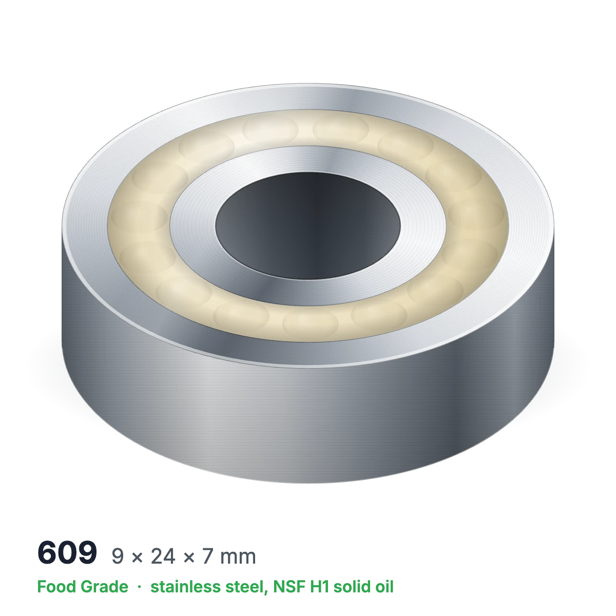 609 food grade solid oil ball bearing, 9 × 24 × 7 mm, stainless steel with NSF H1 solid oil