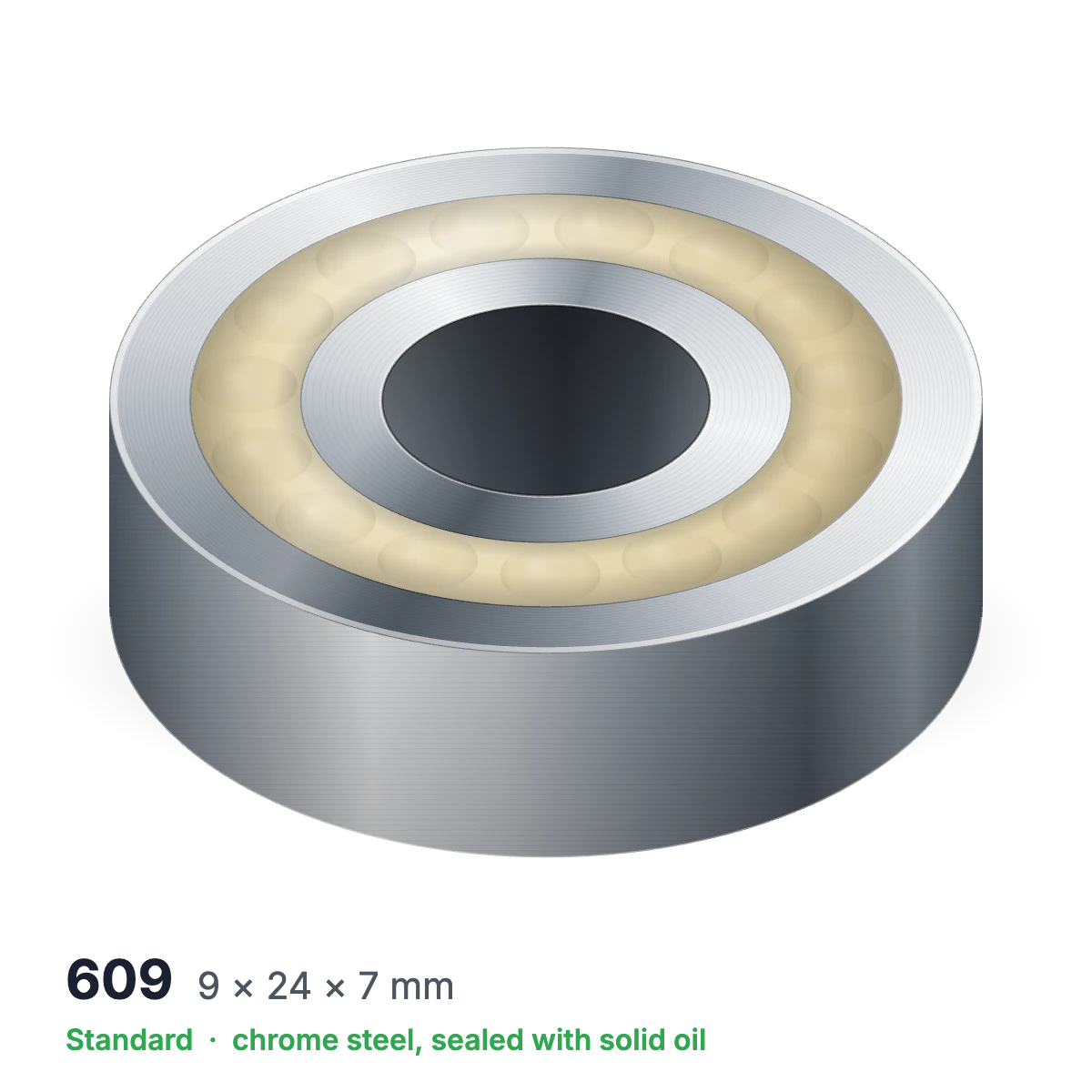 609 solid oil ball bearing, 9 × 24 × 7 mm, chrome steel, sealed with solid oil