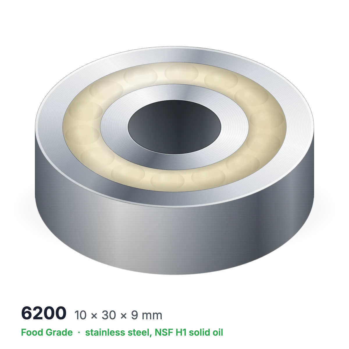 6200 food grade solid oil ball bearing, 10 × 30 × 9 mm, stainless steel with NSF H1 solid oil