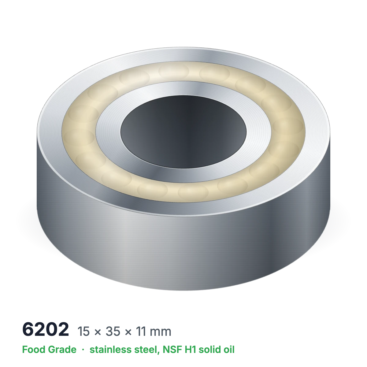 6202 food grade solid oil ball bearing, 15 × 35 × 11 mm, stainless steel with NSF H1 solid oil