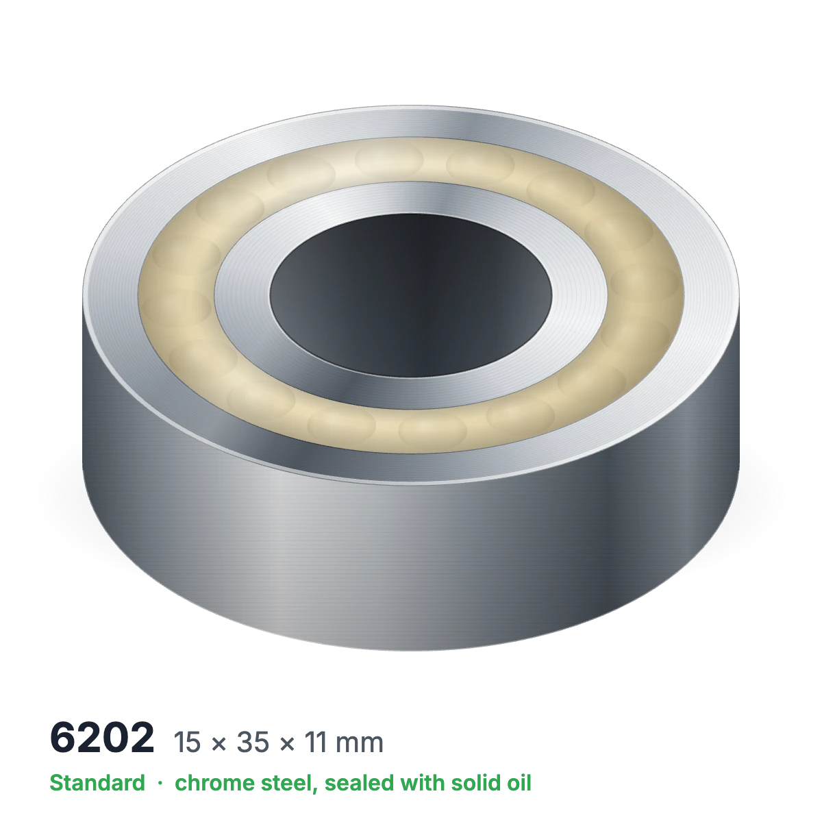 6202 solid oil ball bearing, 15 × 35 × 11 mm, chrome steel, sealed with solid oil