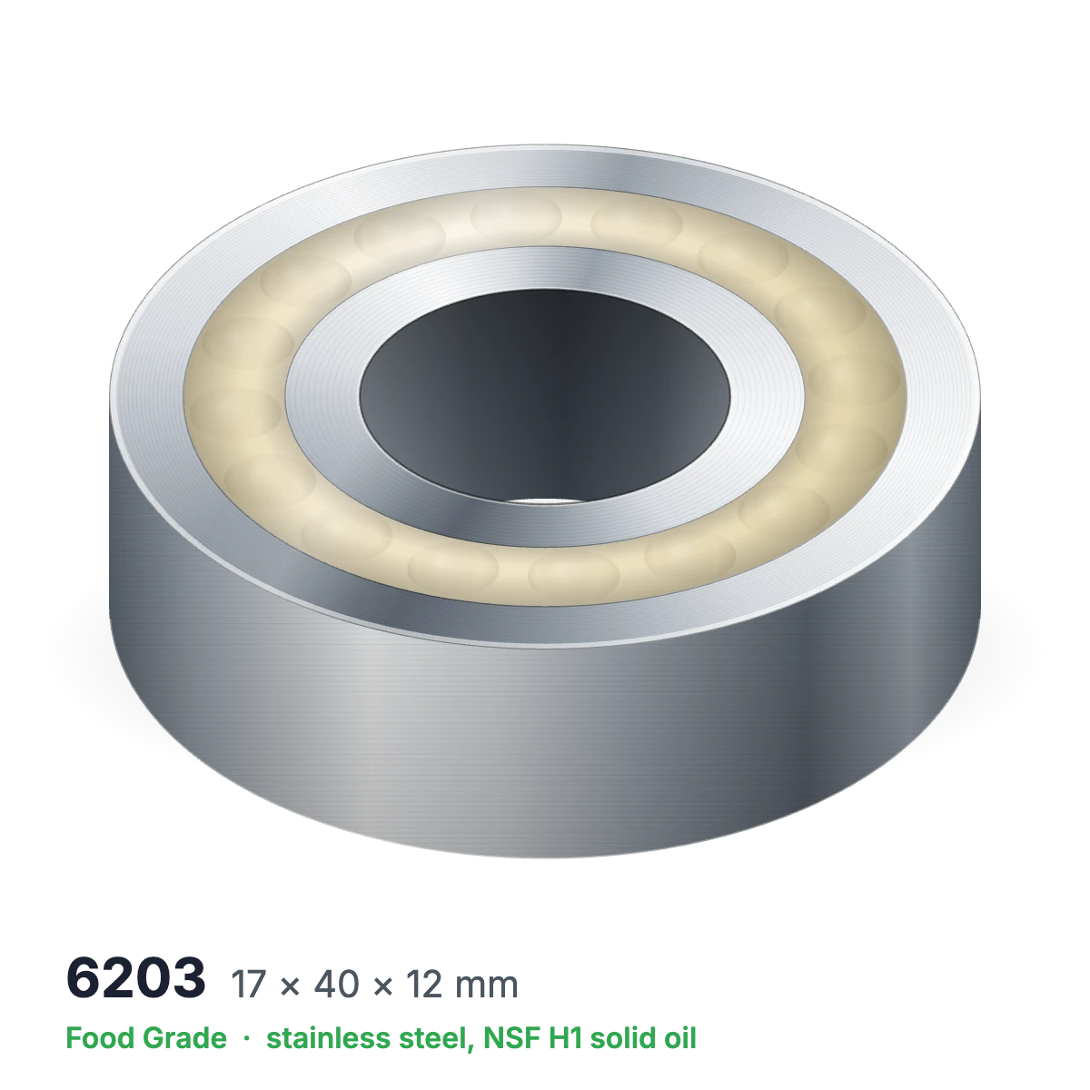 6203 food grade solid oil ball bearing, 17 × 40 × 12 mm, stainless steel with NSF H1 solid oil