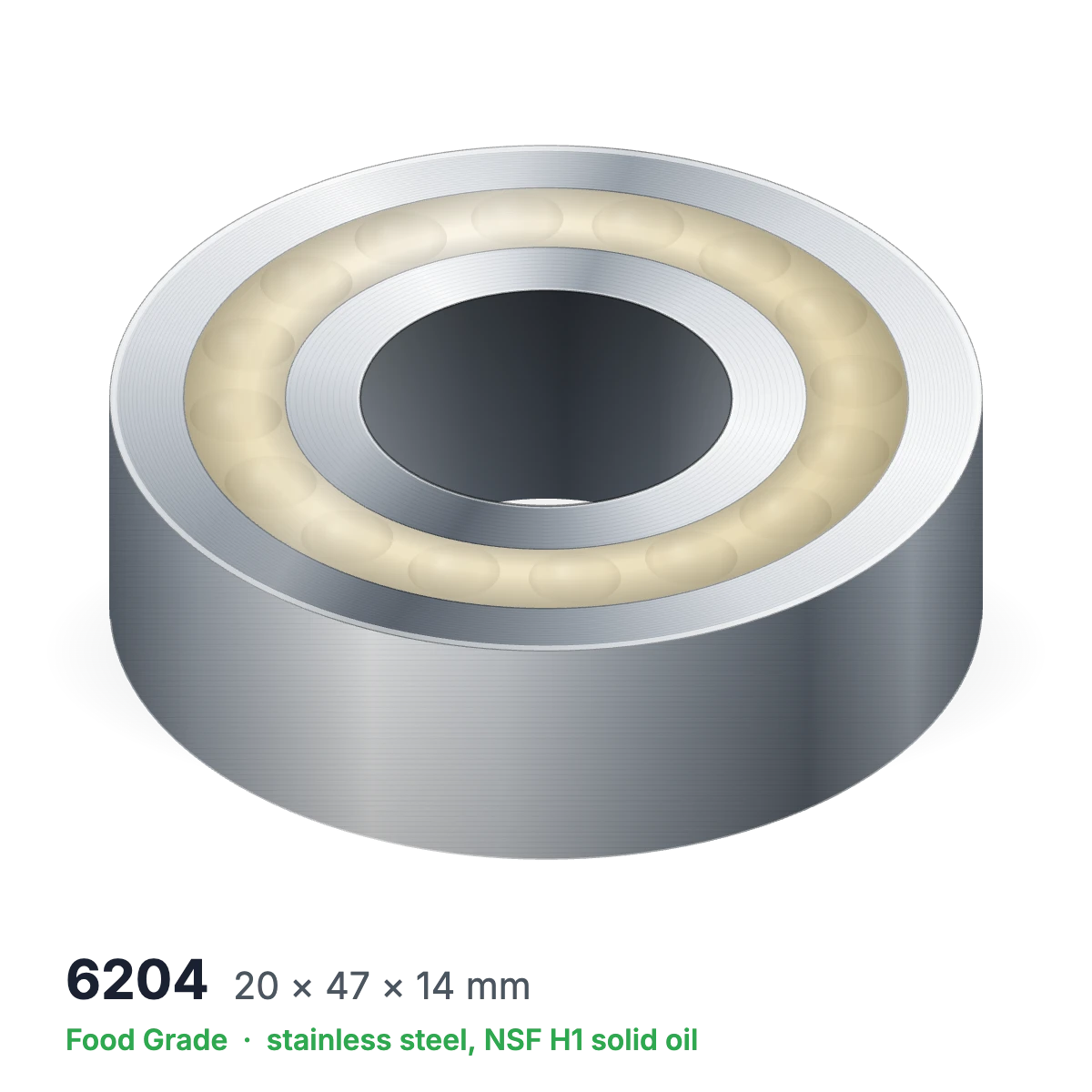6204 food grade solid oil ball bearing, 20 × 47 × 14 mm, stainless steel with NSF H1 solid oil
