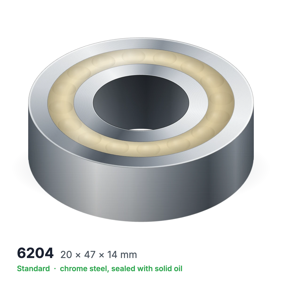 6204 solid oil ball bearing, 20 × 47 × 14 mm, chrome steel, sealed with solid oil