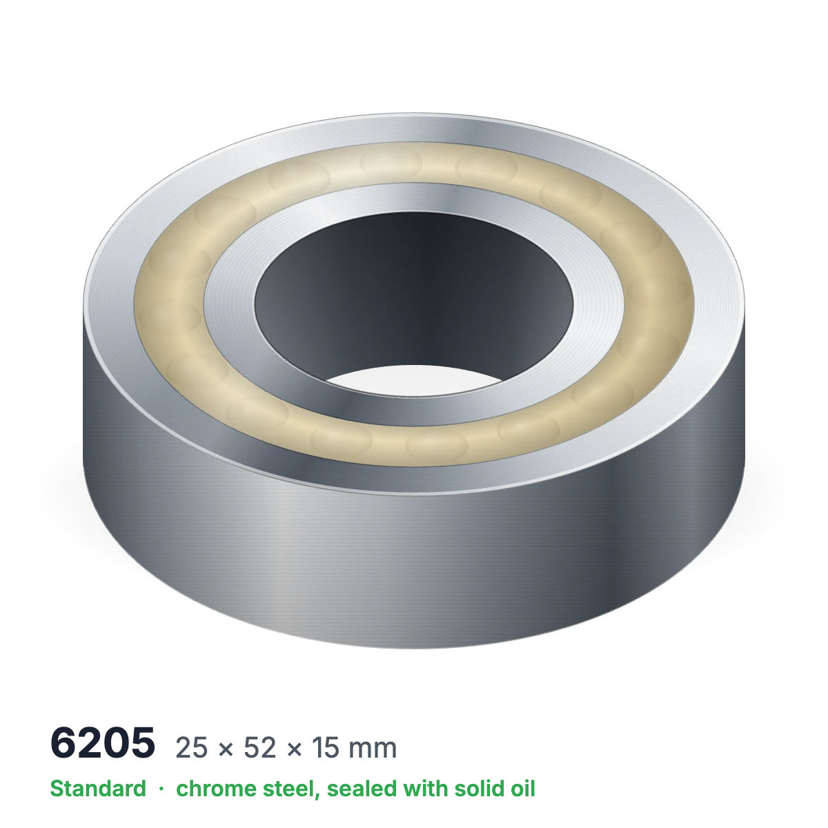 6205 solid oil ball bearing, 25 × 52 × 15 mm, chrome steel, sealed with solid oil
